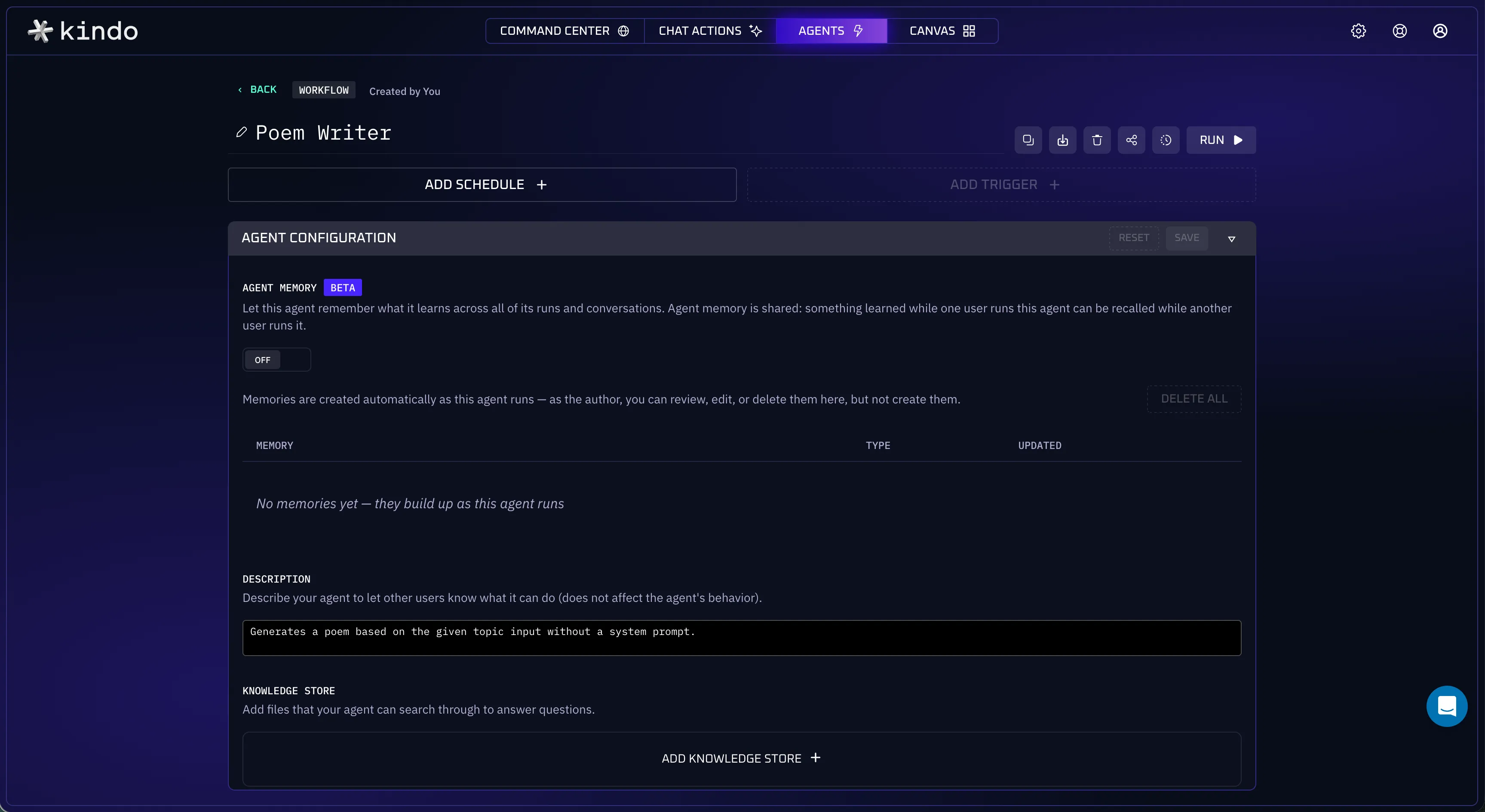 Agent Configuration page — the Agent Memory section with its toggle and shared memory table