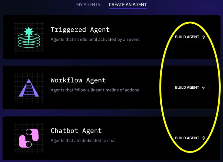 The agent type selection screen with options for Triggered, Workflow, and Chatbot agents