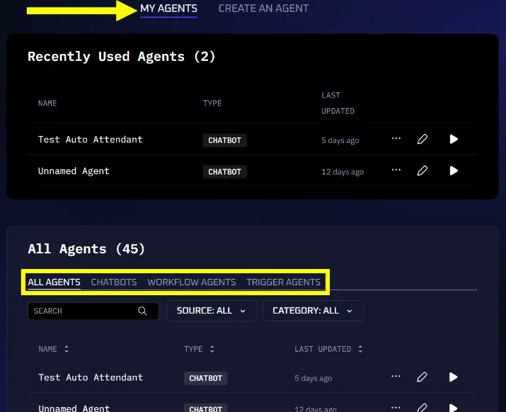 The Agents list view showing recently used agents with options to filter by type