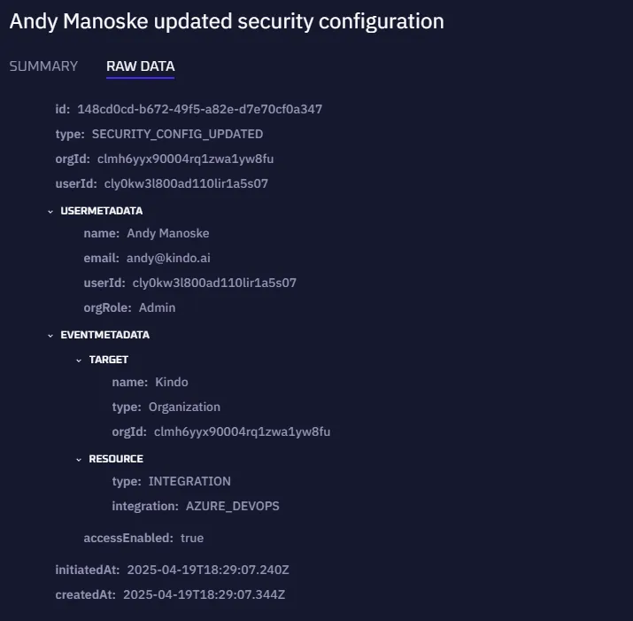 An audit log event detail showing the event summary
