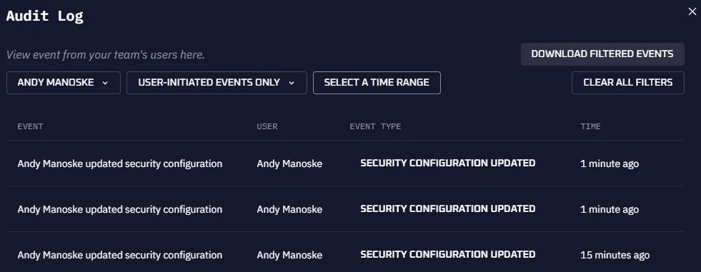 The Audit Log panel showing recent user activity