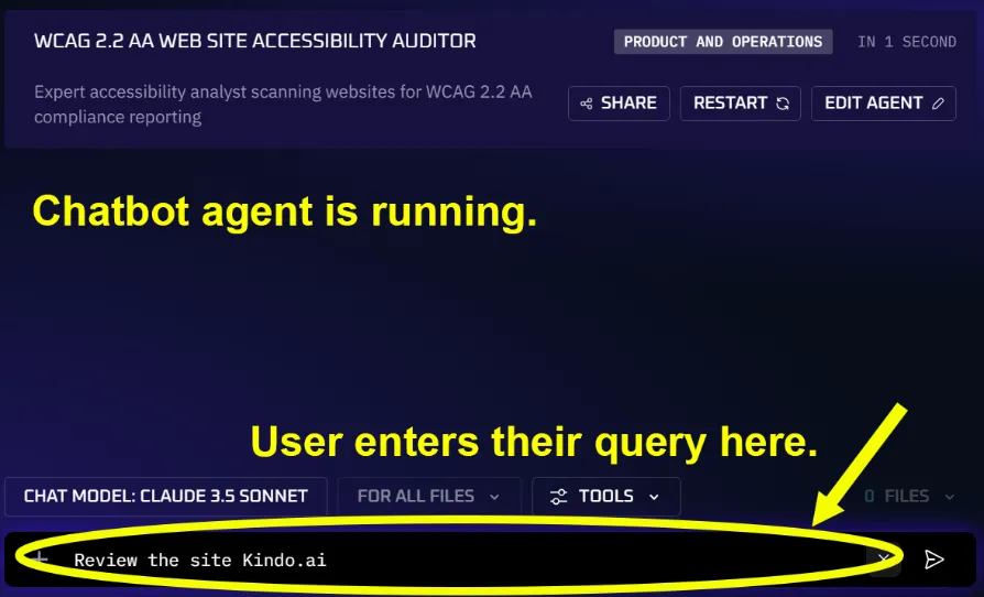 A running chatbot agent responding to a user query