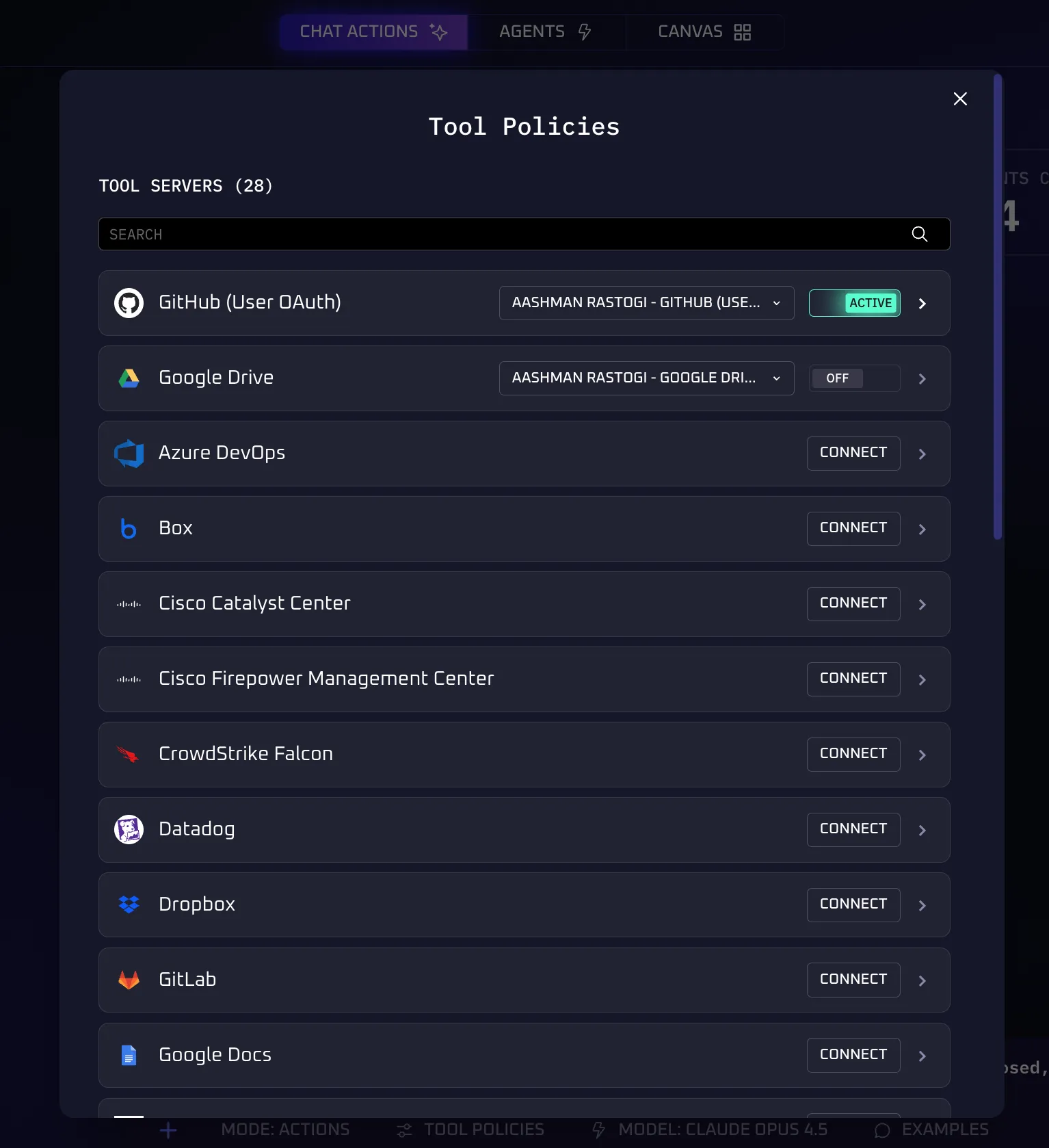 Connecting integrations as data sources in the Tool Policies panel