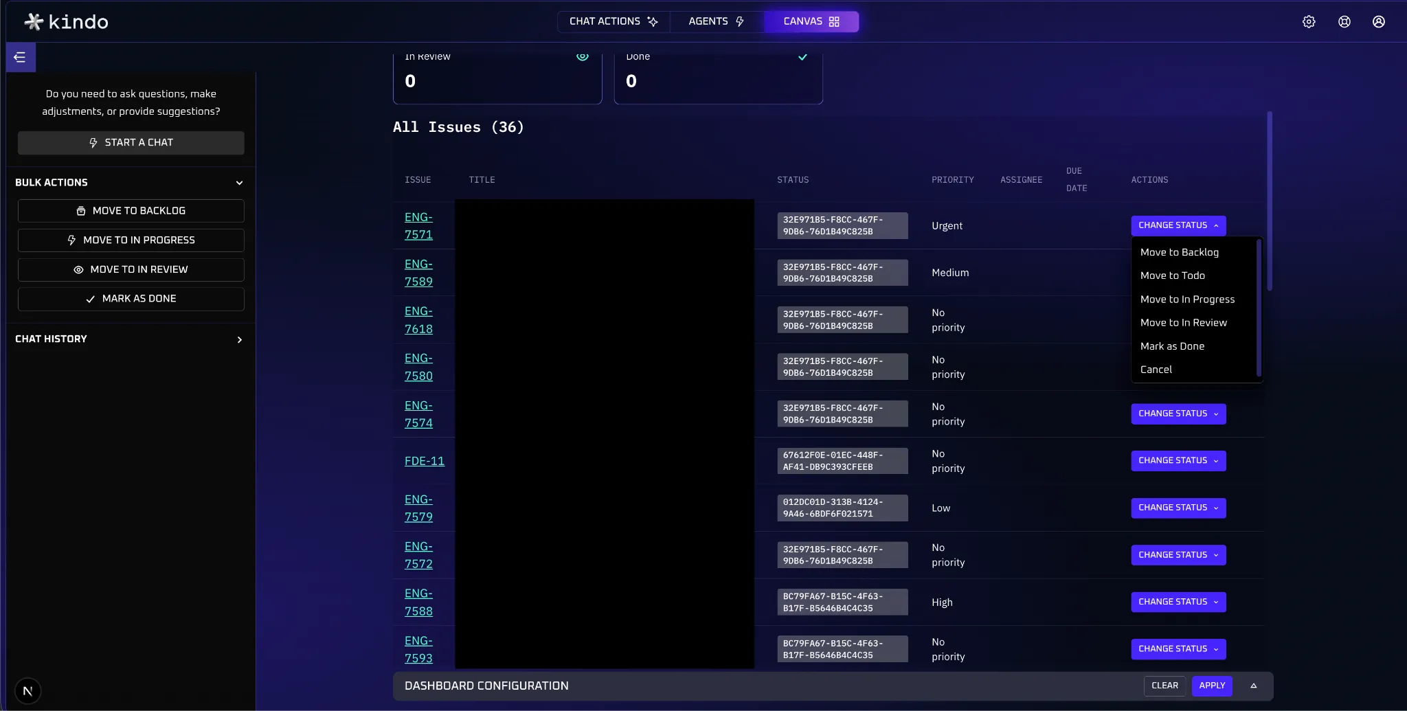 A dashboard with inline status change dropdown and bulk actions in the sidebar