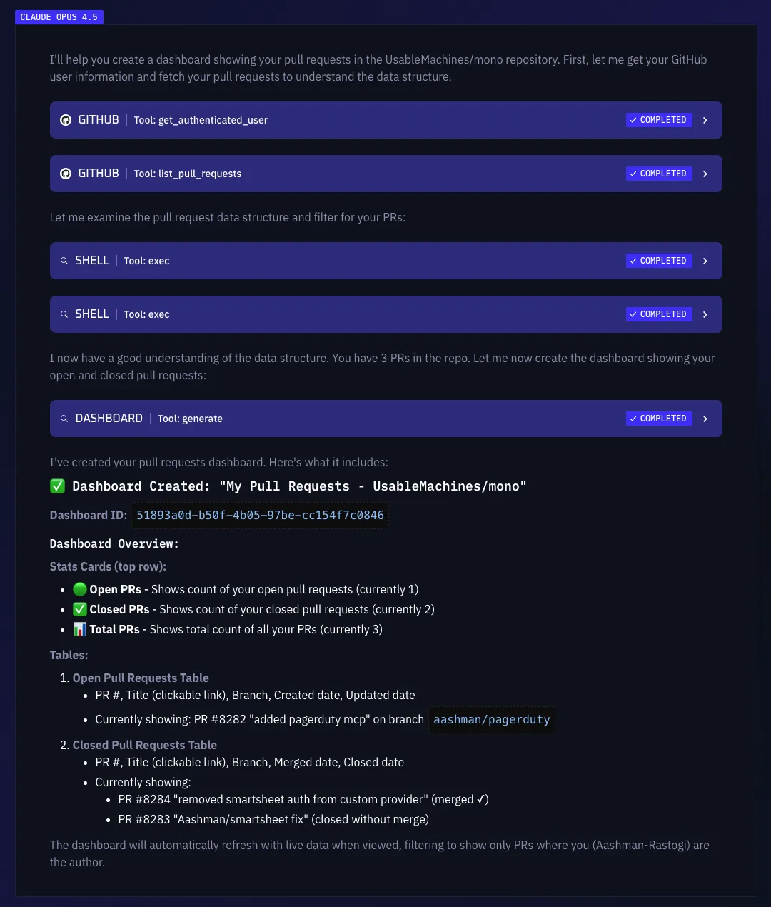 The AI generating a dashboard through chat, calling integration tools and building the configuration