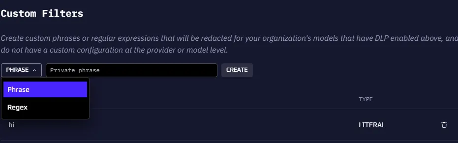 Creating a custom DLP filter with string literal, phrase, or regex options
