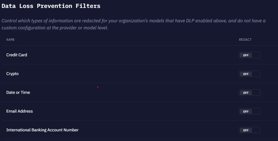 The DLP Filters panel showing built-in filter types