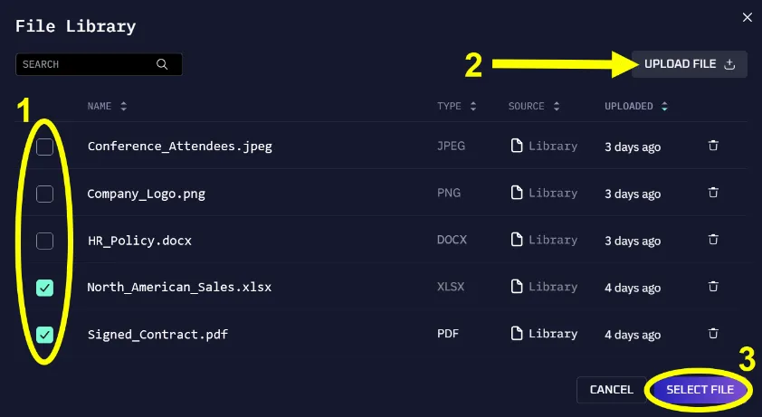The File Library showing uploaded files with checkboxes for selection