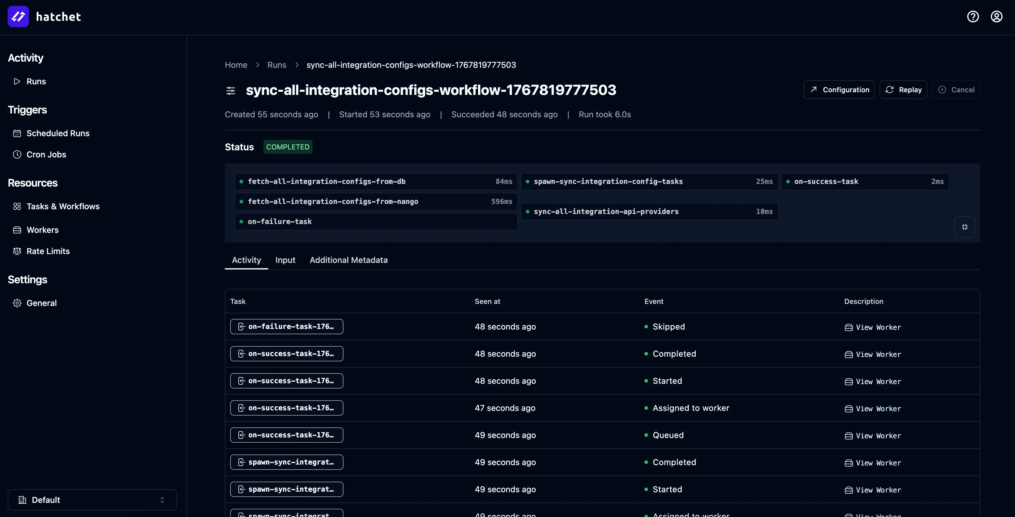 Hatchet dashboard showing a successful sync run