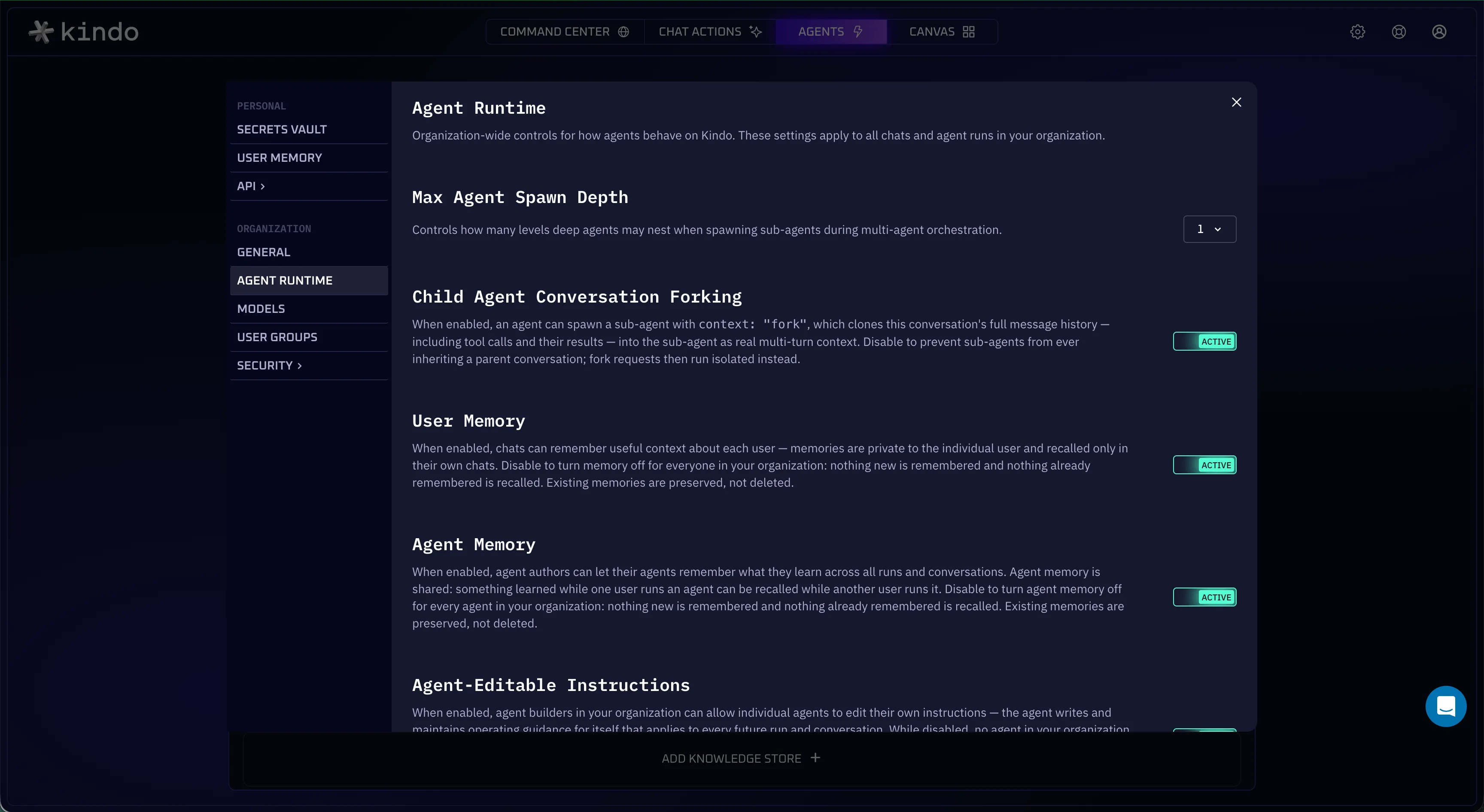 Settings → Organization → Agent Runtime — User Memory and Agent Memory toggles