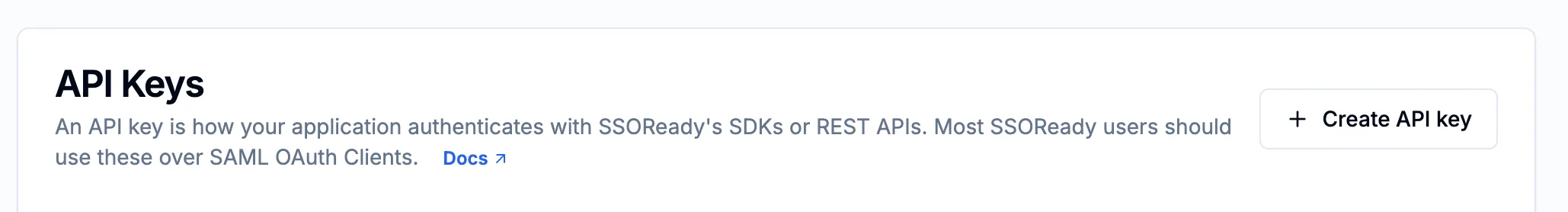SSOReady API Keys page with Management API Access toggle