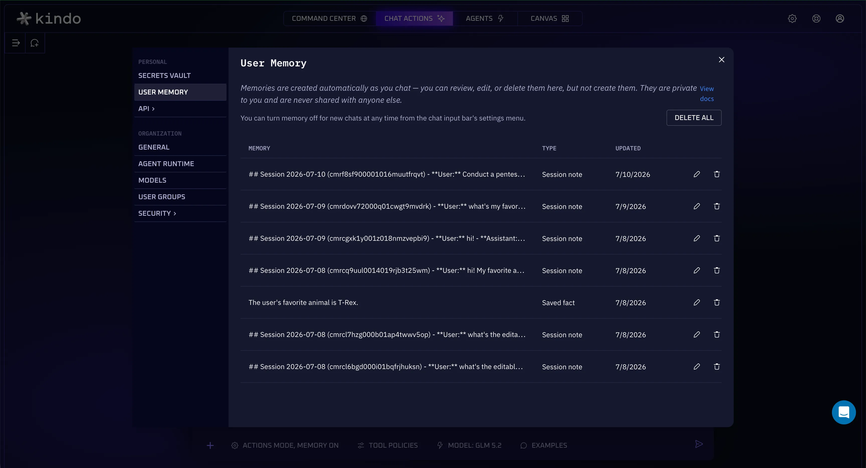 User Memory page — review, edit, or delete stored memories