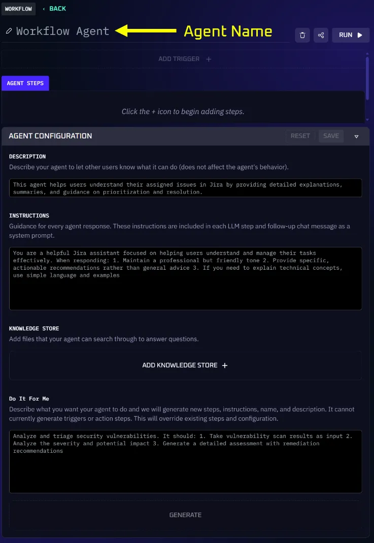 The Kindo AI agent builder with natural language configuration options